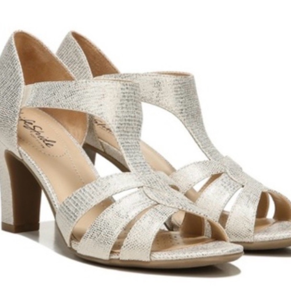 Life Stride Metallic Silver T-Strap Block Heel Sandals